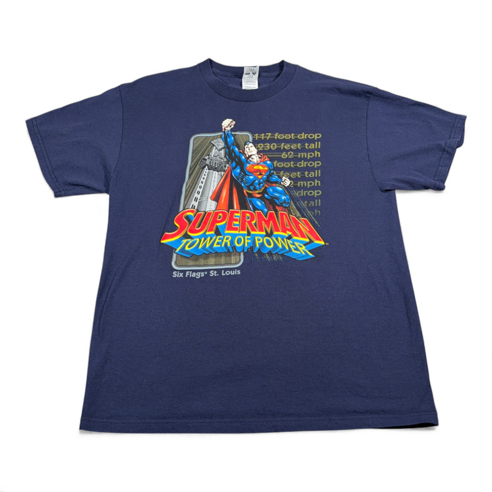 Vintage Superman Shirt Adult LARGE Blue Tower of Power Six Flags Theme Park Y2K